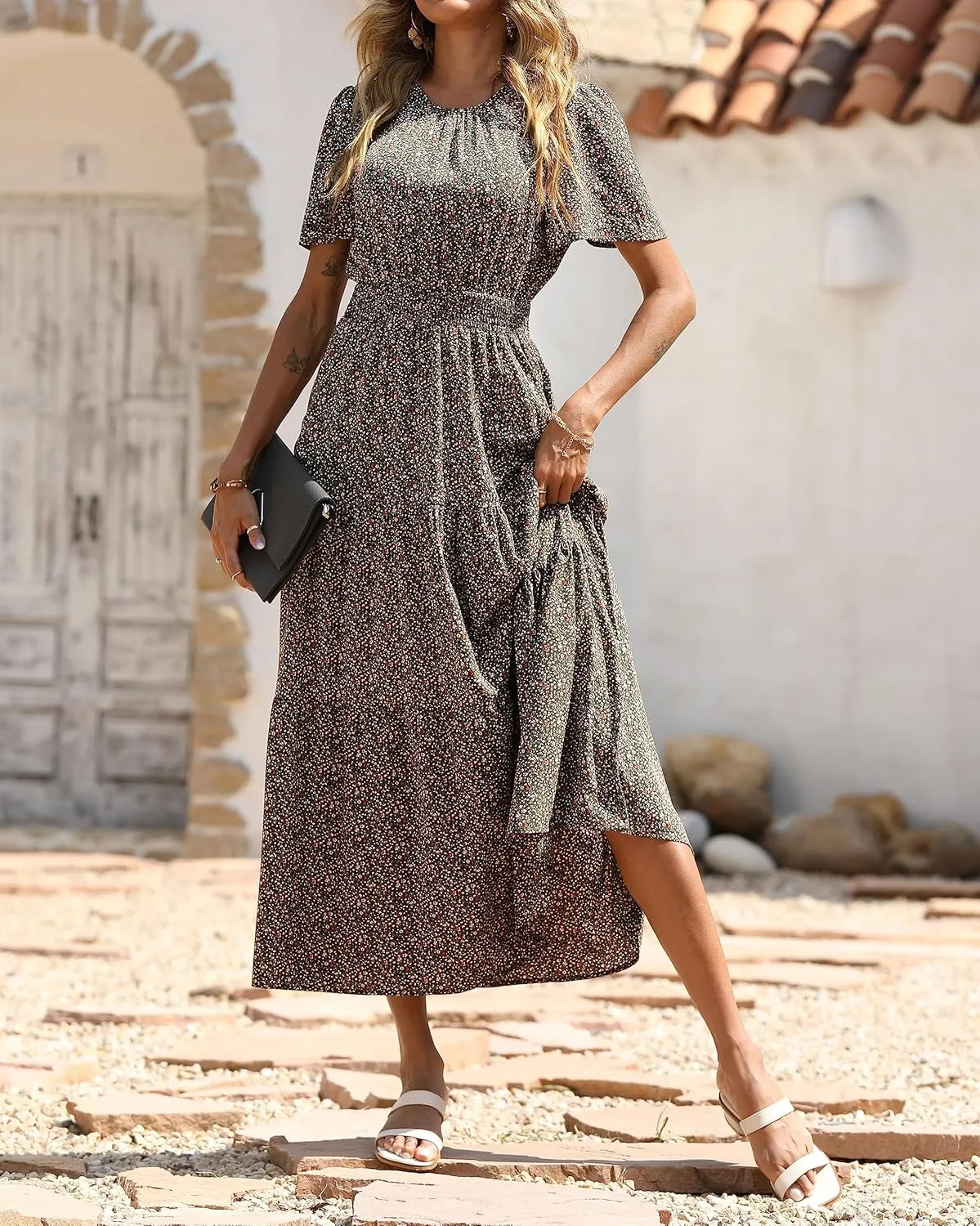 PRETTYGARDEN Women's Summer Casual Short Flutter Sleeve Round Neck Smocked Waist Tiered Boho Floral Flowy Maxi Dress