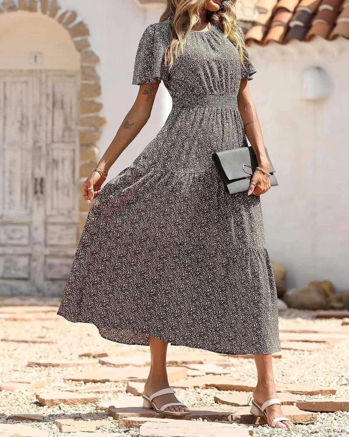 PRETTYGARDEN Women's Summer Casual Short Flutter Sleeve Round Neck Smocked Waist Tiered Boho Floral Flowy Maxi Dress