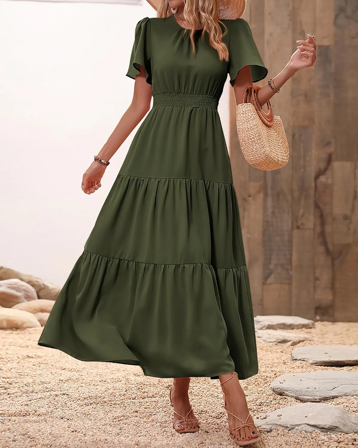 PRETTYGARDEN Women's Summer Casual Short Flutter Sleeve Round Neck Smocked Waist Tiered Boho Floral Flowy Maxi Dress