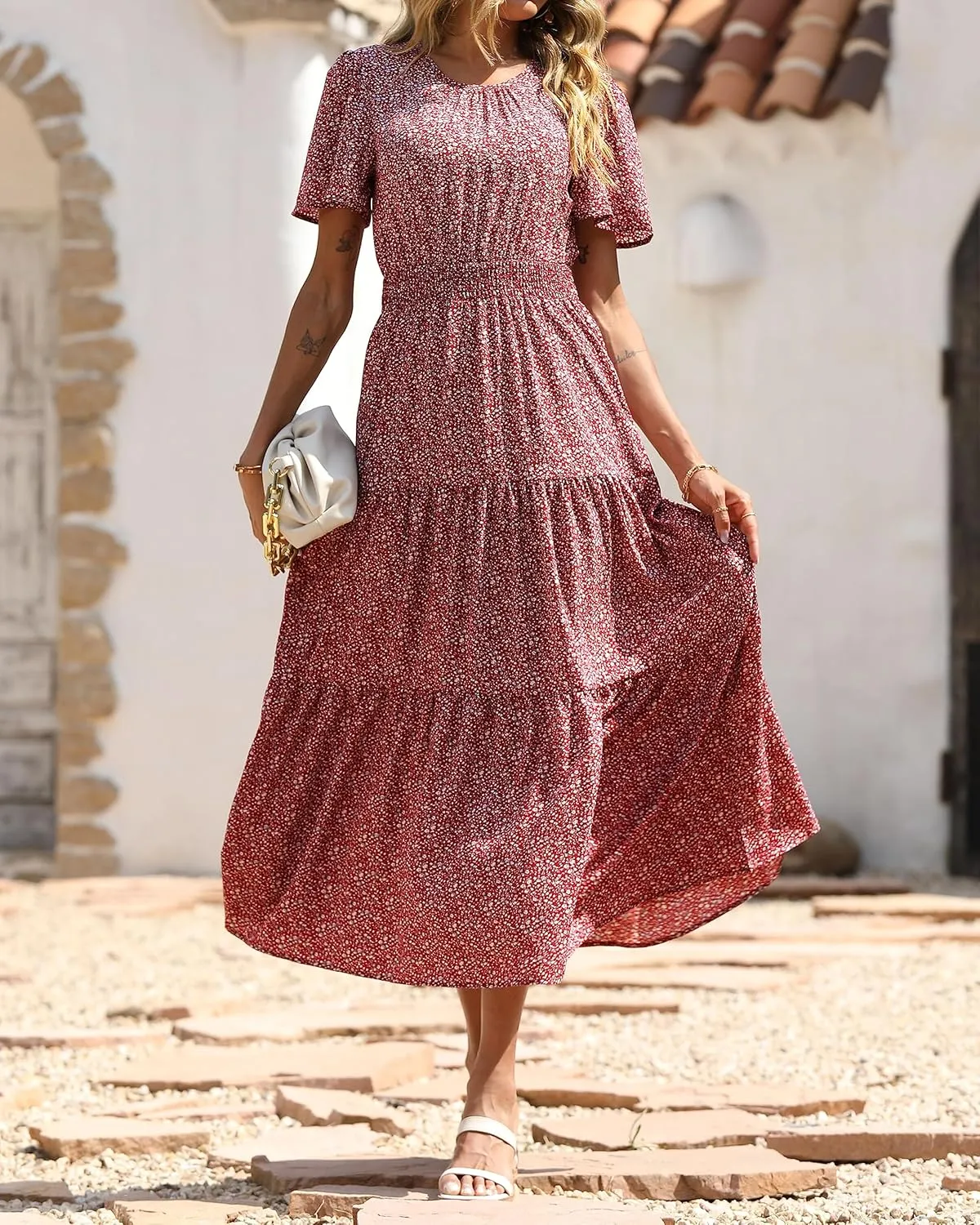 PRETTYGARDEN Women's Summer Casual Short Flutter Sleeve Round Neck Smocked Waist Tiered Boho Floral Flowy Maxi Dress