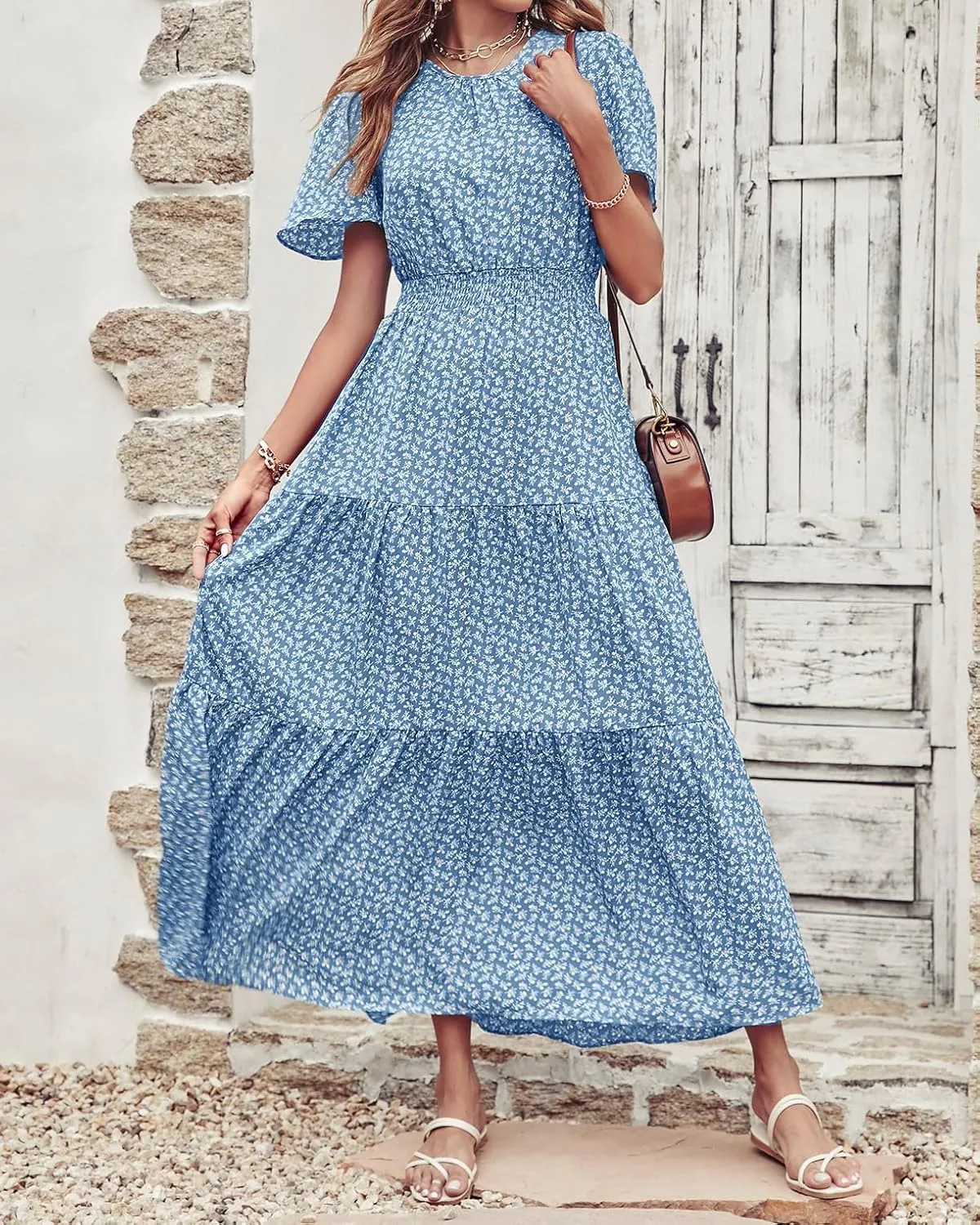 PRETTYGARDEN Women's Summer Casual Short Flutter Sleeve Round Neck Smocked Waist Tiered Boho Floral Flowy Maxi Dress