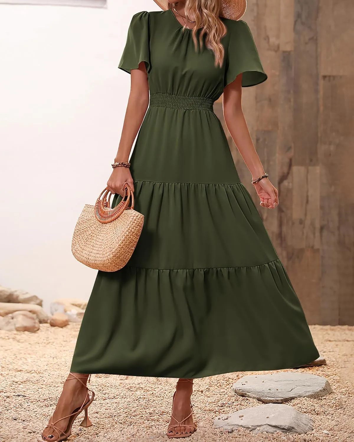 PRETTYGARDEN Women's Summer Casual Short Flutter Sleeve Round Neck Smocked Waist Tiered Boho Floral Flowy Maxi Dress