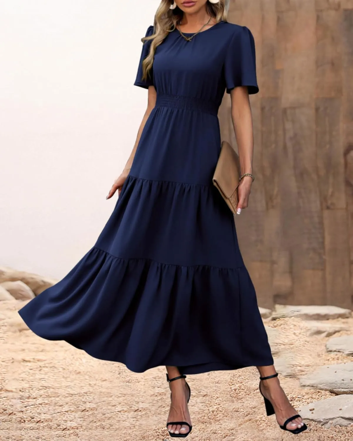 PRETTYGARDEN Women's Summer Casual Short Flutter Sleeve Round Neck Smocked Waist Tiered Boho Floral Flowy Maxi Dress