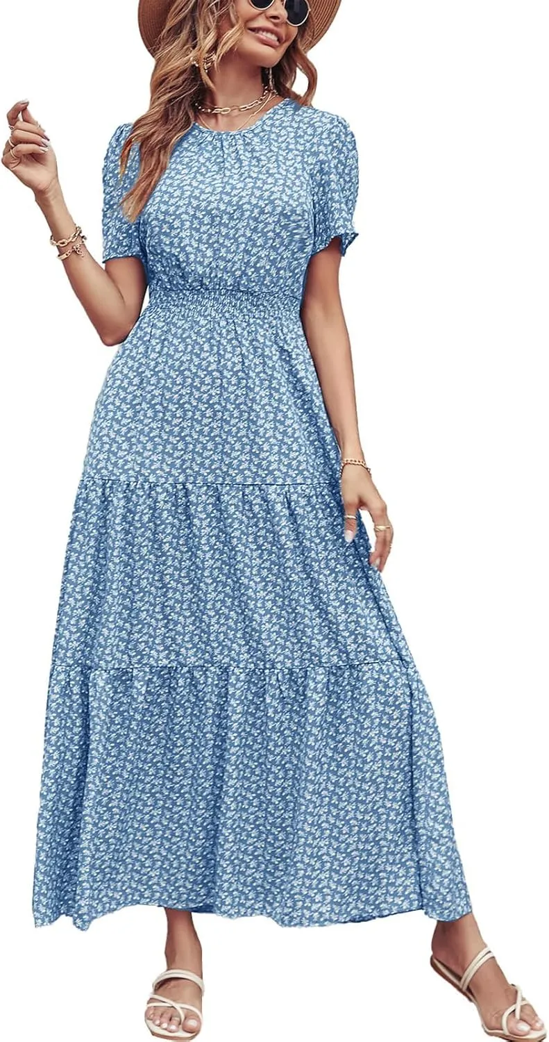 PRETTYGARDEN Women's Summer Casual Short Flutter Sleeve Round Neck Smocked Waist Tiered Boho Floral Flowy Maxi Dress