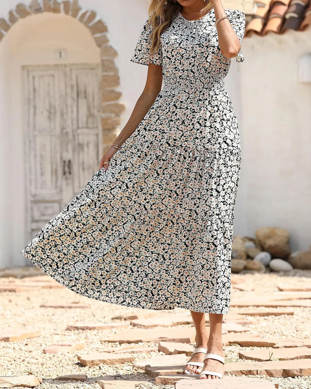 PRETTYGARDEN Women's Summer Casual Short Flutter Sleeve Round Neck Smocked Waist Tiered Boho Floral Flowy Maxi Dress