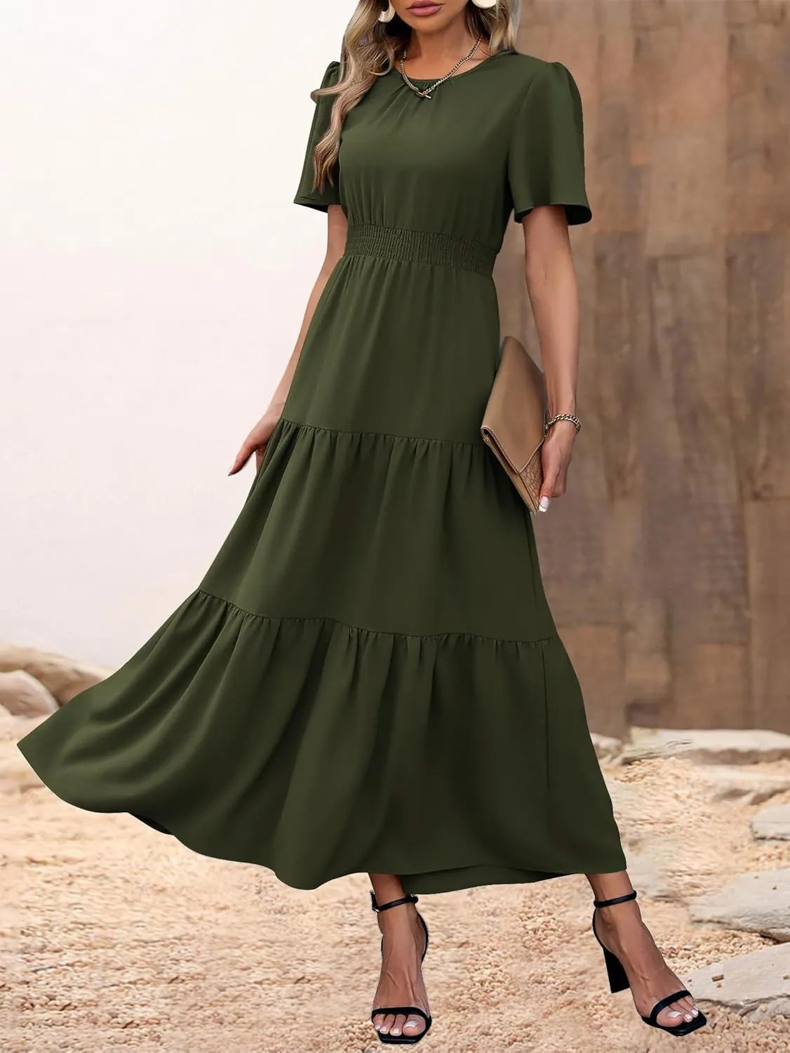 PRETTYGARDEN Women's Summer Casual Short Flutter Sleeve Round Neck Smocked Waist Tiered Boho Floral Flowy Maxi Dress
