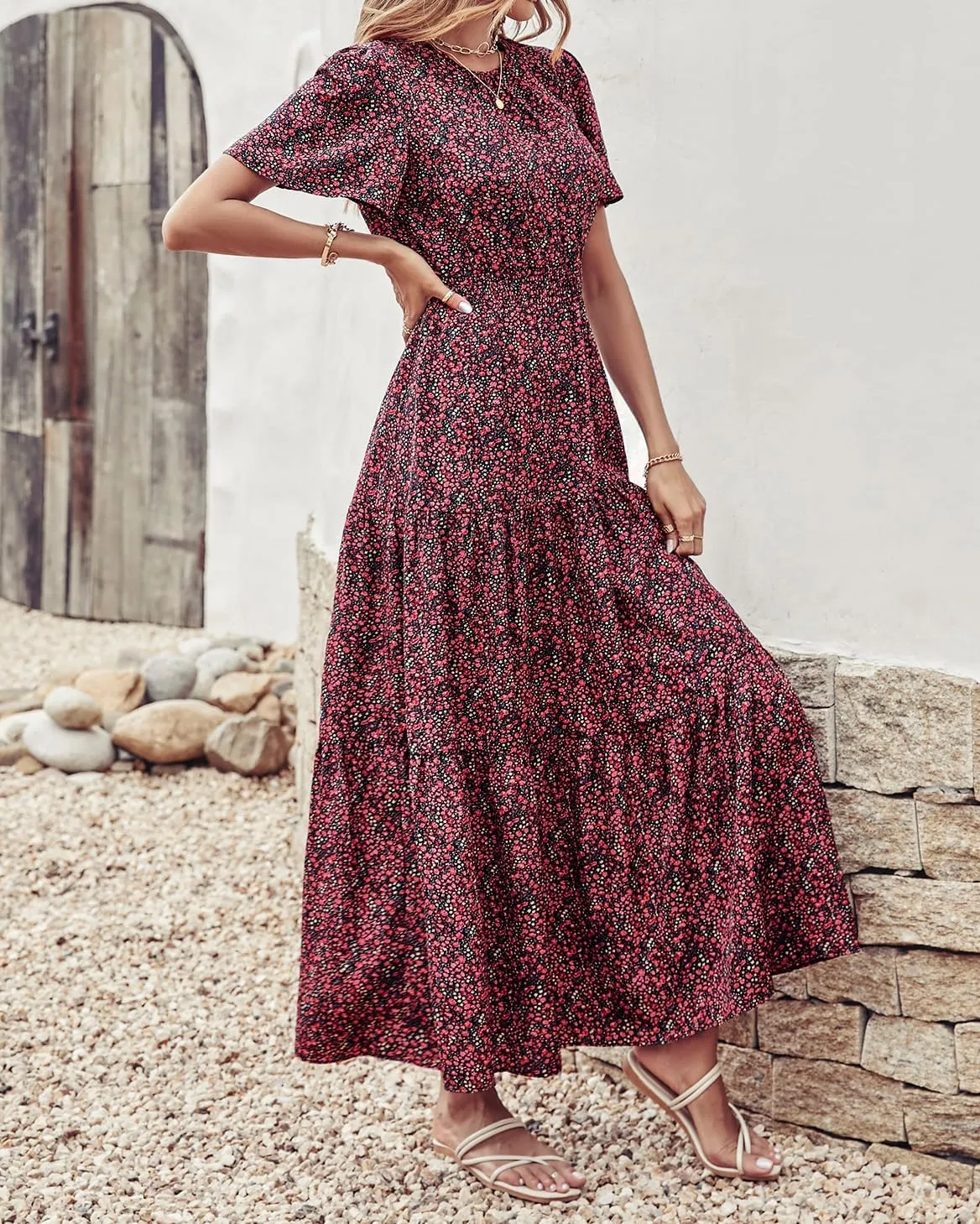 PRETTYGARDEN Women's Summer Casual Short Flutter Sleeve Round Neck Smocked Waist Tiered Boho Floral Flowy Maxi Dress
