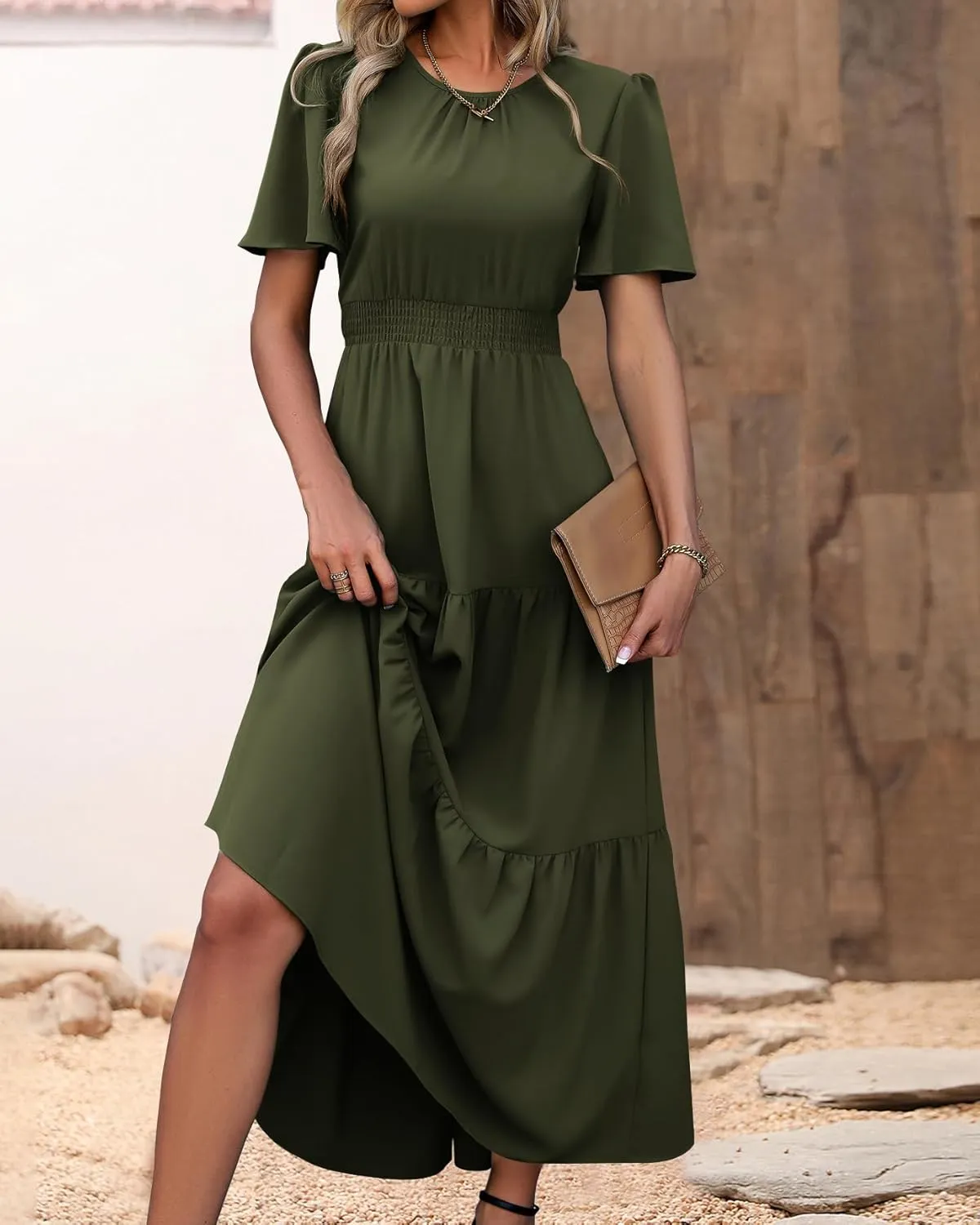 PRETTYGARDEN Women's Summer Casual Short Flutter Sleeve Round Neck Smocked Waist Tiered Boho Floral Flowy Maxi Dress