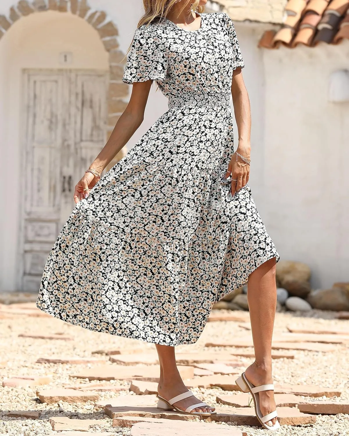 PRETTYGARDEN Women's Summer Casual Short Flutter Sleeve Round Neck Smocked Waist Tiered Boho Floral Flowy Maxi Dress