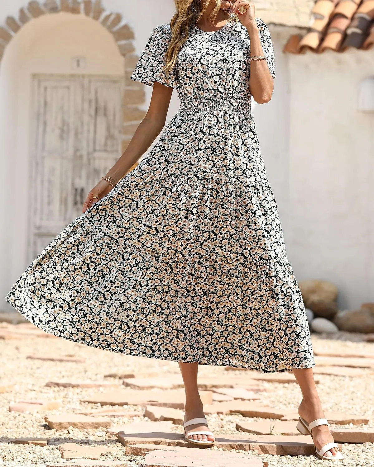 PRETTYGARDEN Women's Summer Casual Short Flutter Sleeve Round Neck Smocked Waist Tiered Boho Floral Flowy Maxi Dress