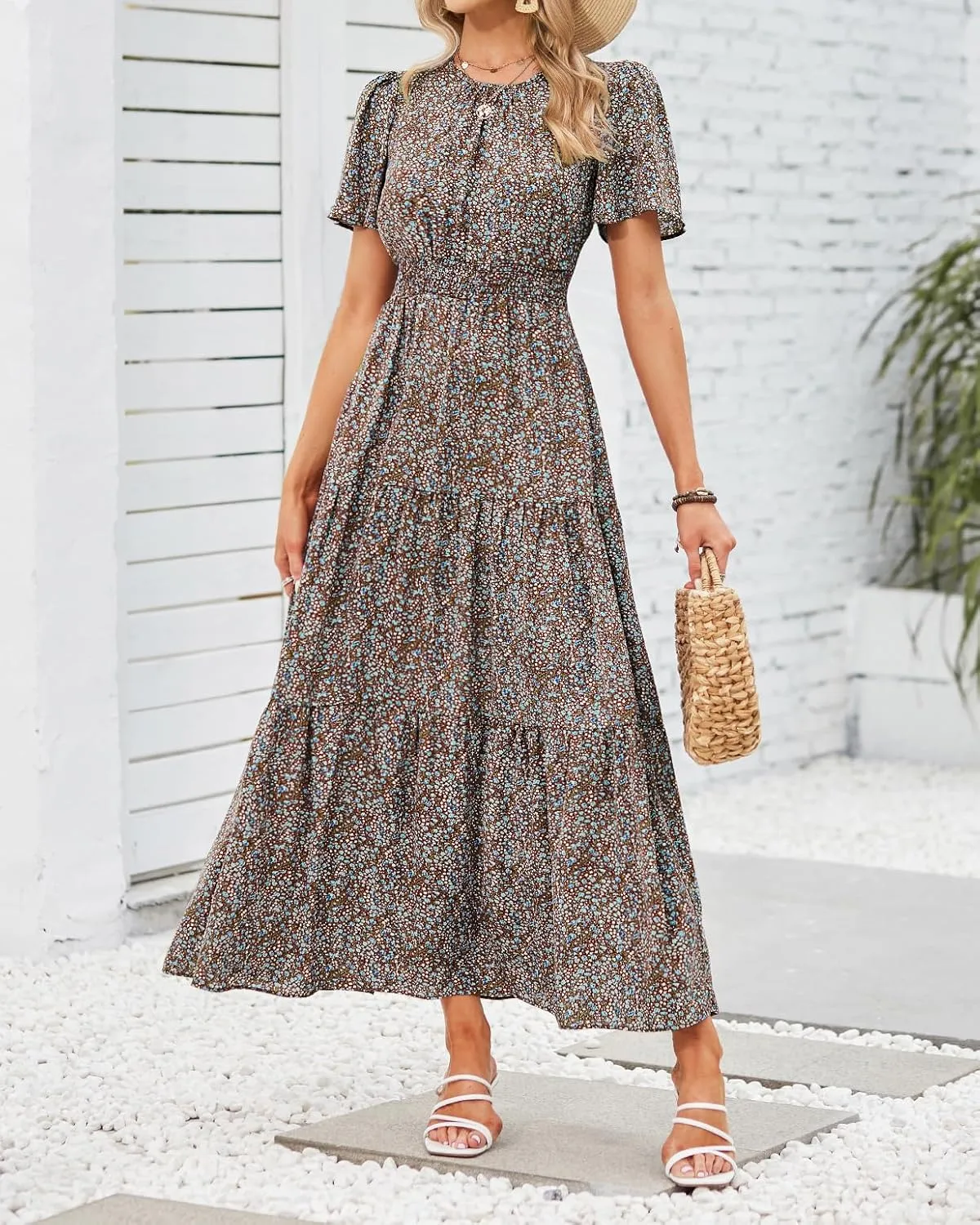 PRETTYGARDEN Women's Summer Casual Short Flutter Sleeve Round Neck Smocked Waist Tiered Boho Floral Flowy Maxi Dress