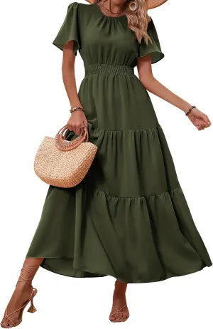 PRETTYGARDEN Women's Summer Casual Short Flutter Sleeve Round Neck Smocked Waist Tiered Boho Floral Flowy Maxi Dress