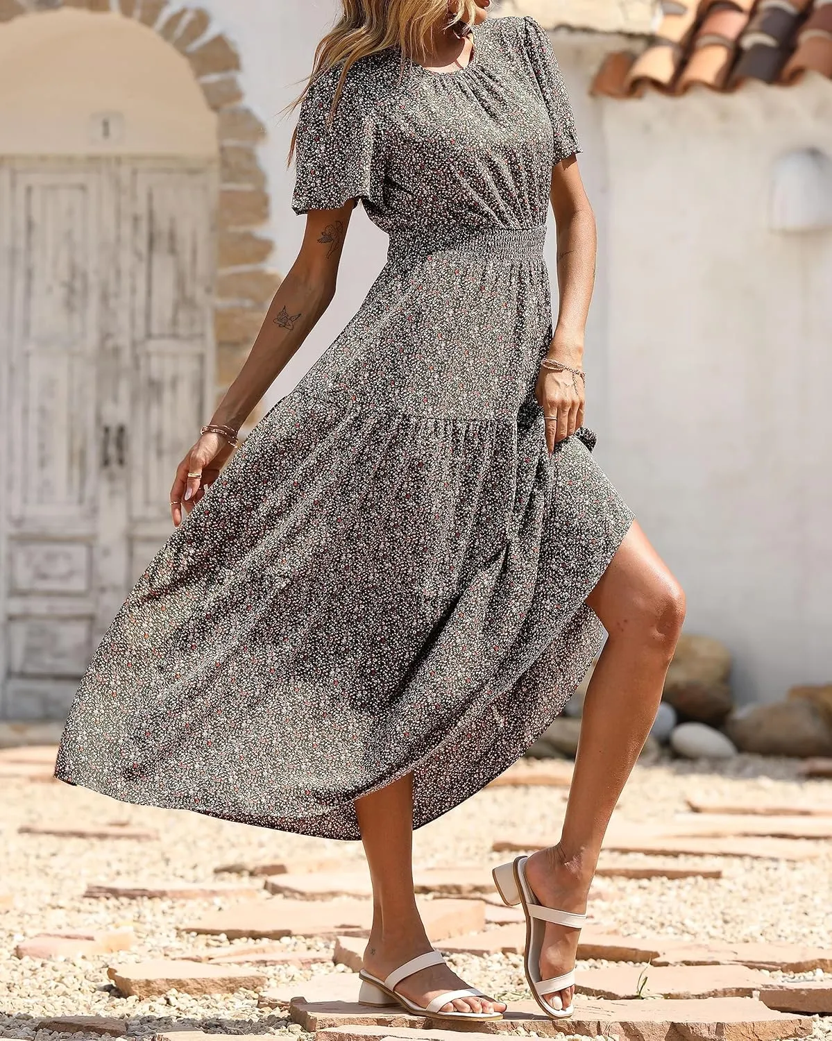 PRETTYGARDEN Women's Summer Casual Short Flutter Sleeve Round Neck Smocked Waist Tiered Boho Floral Flowy Maxi Dress