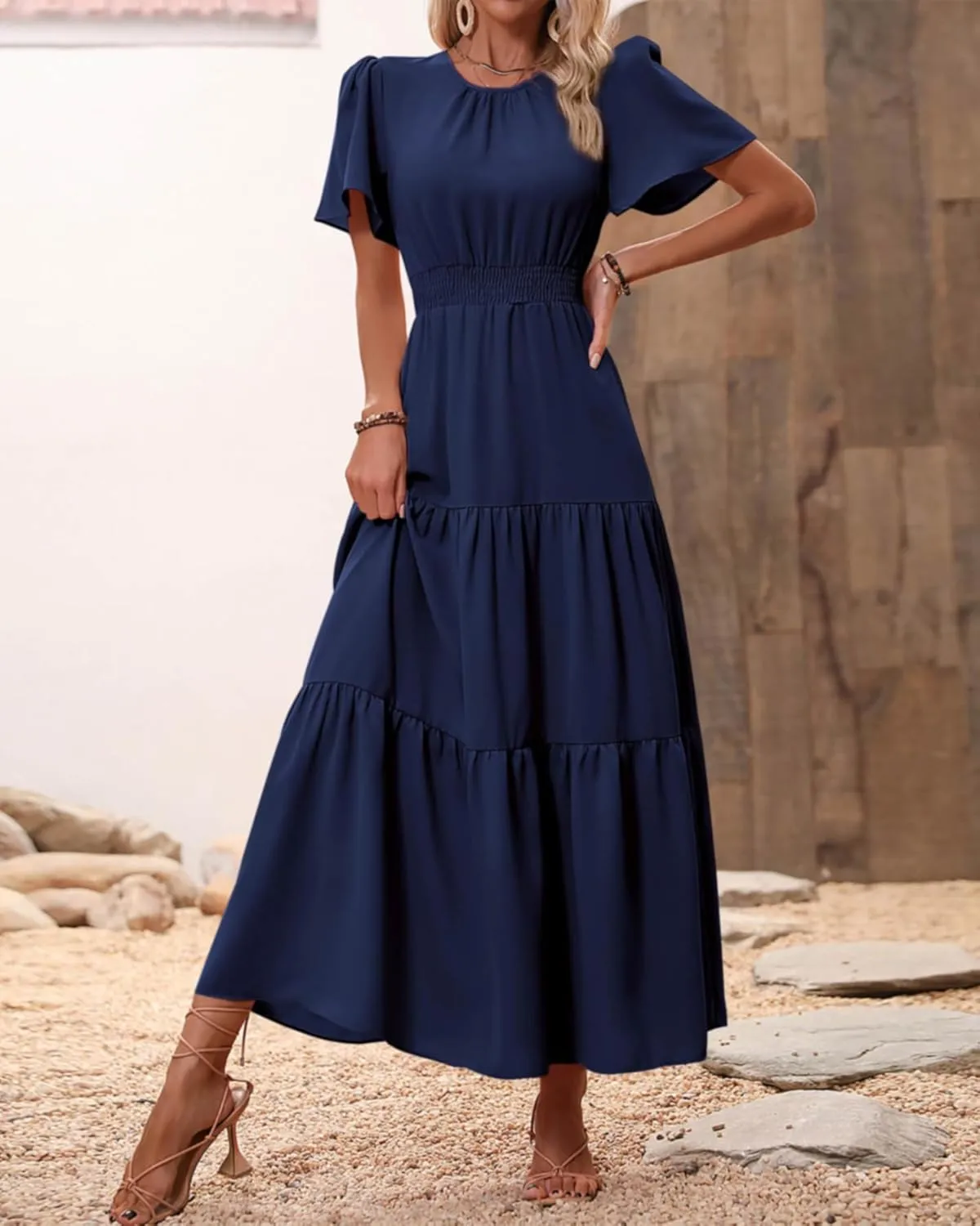 PRETTYGARDEN Women's Summer Casual Short Flutter Sleeve Round Neck Smocked Waist Tiered Boho Floral Flowy Maxi Dress