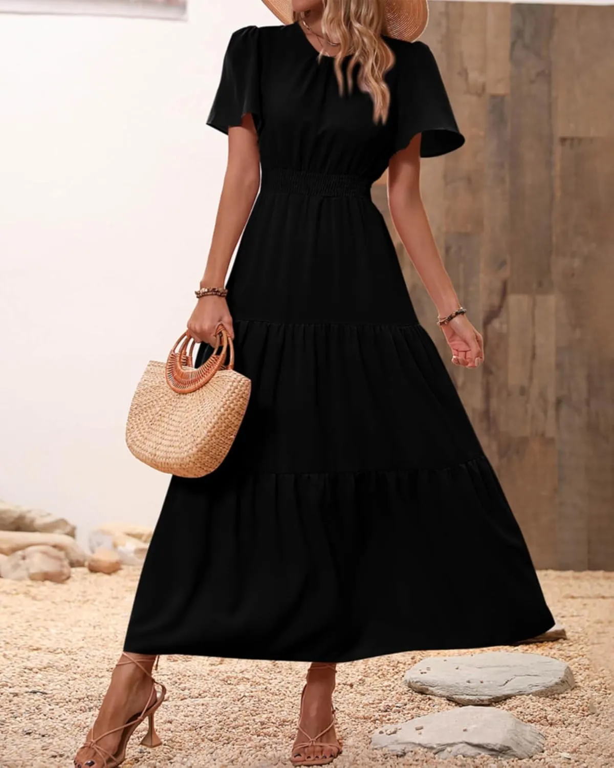 PRETTYGARDEN Women's Summer Casual Short Flutter Sleeve Round Neck Smocked Waist Tiered Boho Floral Flowy Maxi Dress