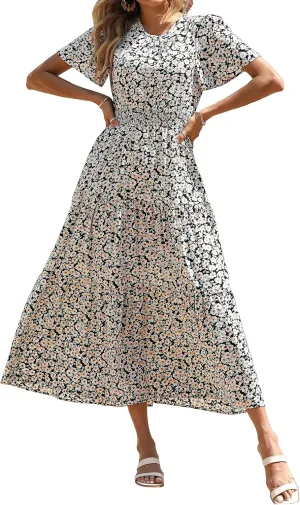 PRETTYGARDEN Women's Summer Casual Short Flutter Sleeve Round Neck Smocked Waist Tiered Boho Floral Flowy Maxi Dress