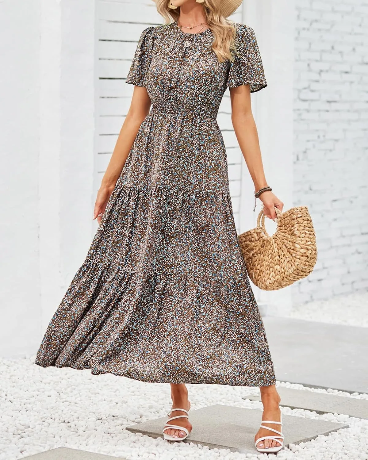 PRETTYGARDEN Women's Summer Casual Short Flutter Sleeve Round Neck Smocked Waist Tiered Boho Floral Flowy Maxi Dress