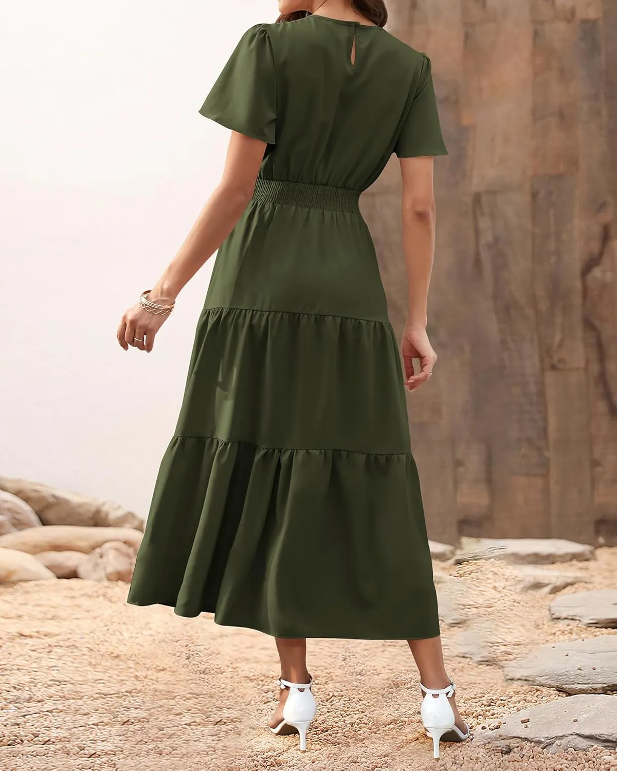 PRETTYGARDEN Women's Summer Casual Short Flutter Sleeve Round Neck Smocked Waist Tiered Boho Floral Flowy Maxi Dress