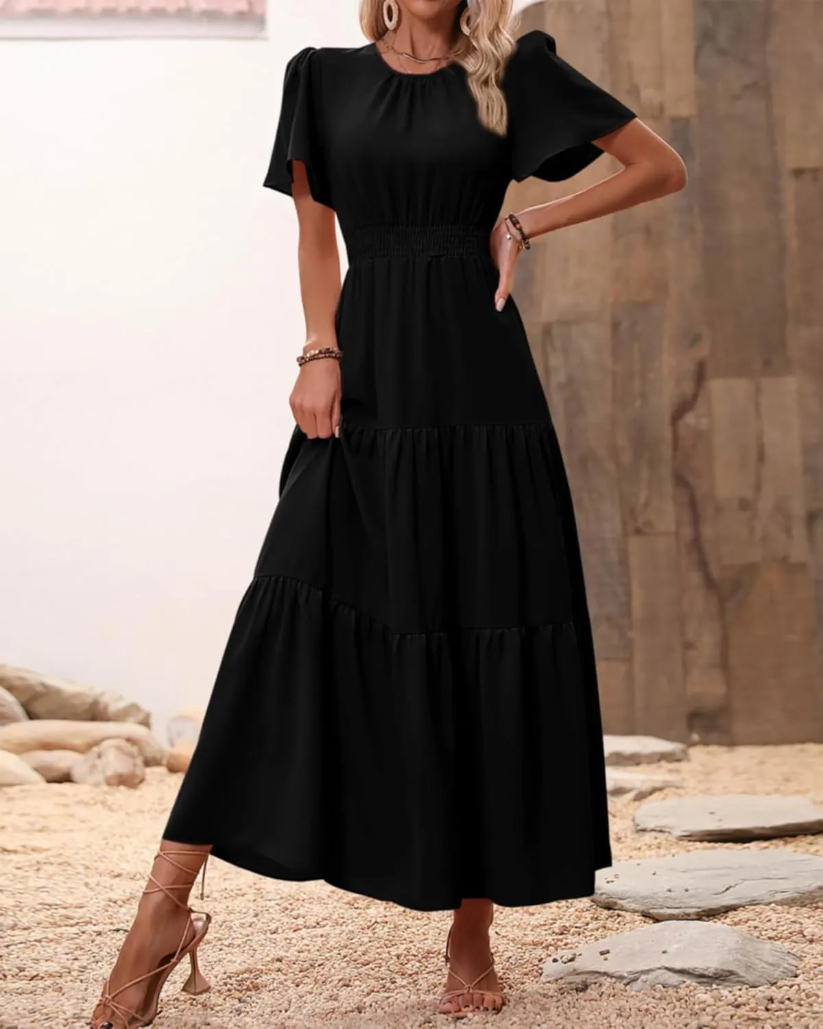 PRETTYGARDEN Women's Summer Casual Short Flutter Sleeve Round Neck Smocked Waist Tiered Boho Floral Flowy Maxi Dress