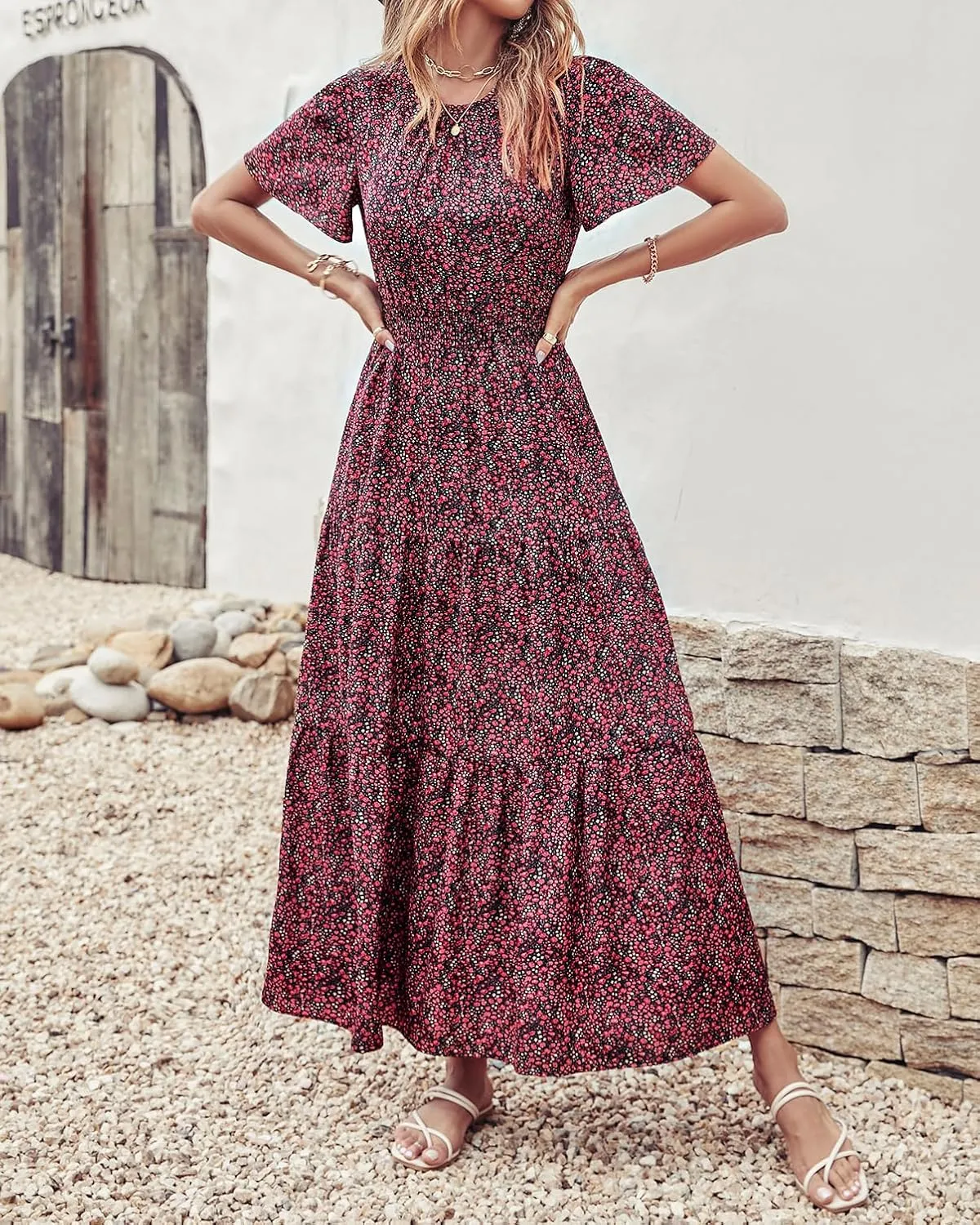 PRETTYGARDEN Women's Summer Casual Short Flutter Sleeve Round Neck Smocked Waist Tiered Boho Floral Flowy Maxi Dress