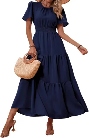 PRETTYGARDEN Women's Summer Casual Short Flutter Sleeve Round Neck Smocked Waist Tiered Boho Floral Flowy Maxi Dress
