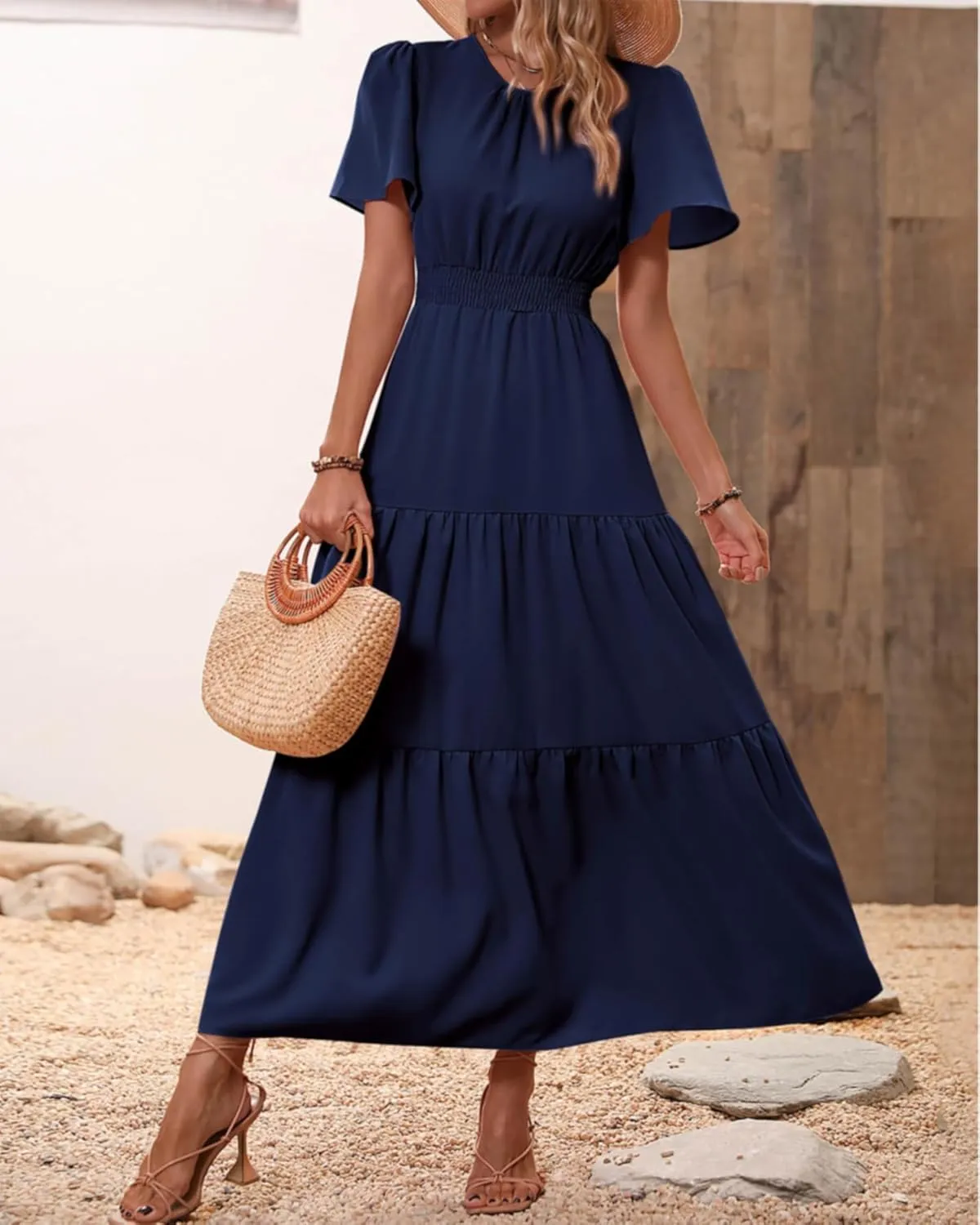 PRETTYGARDEN Women's Summer Casual Short Flutter Sleeve Round Neck Smocked Waist Tiered Boho Floral Flowy Maxi Dress