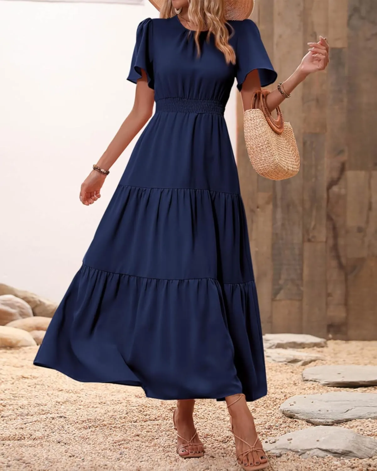 PRETTYGARDEN Women's Summer Casual Short Flutter Sleeve Round Neck Smocked Waist Tiered Boho Floral Flowy Maxi Dress