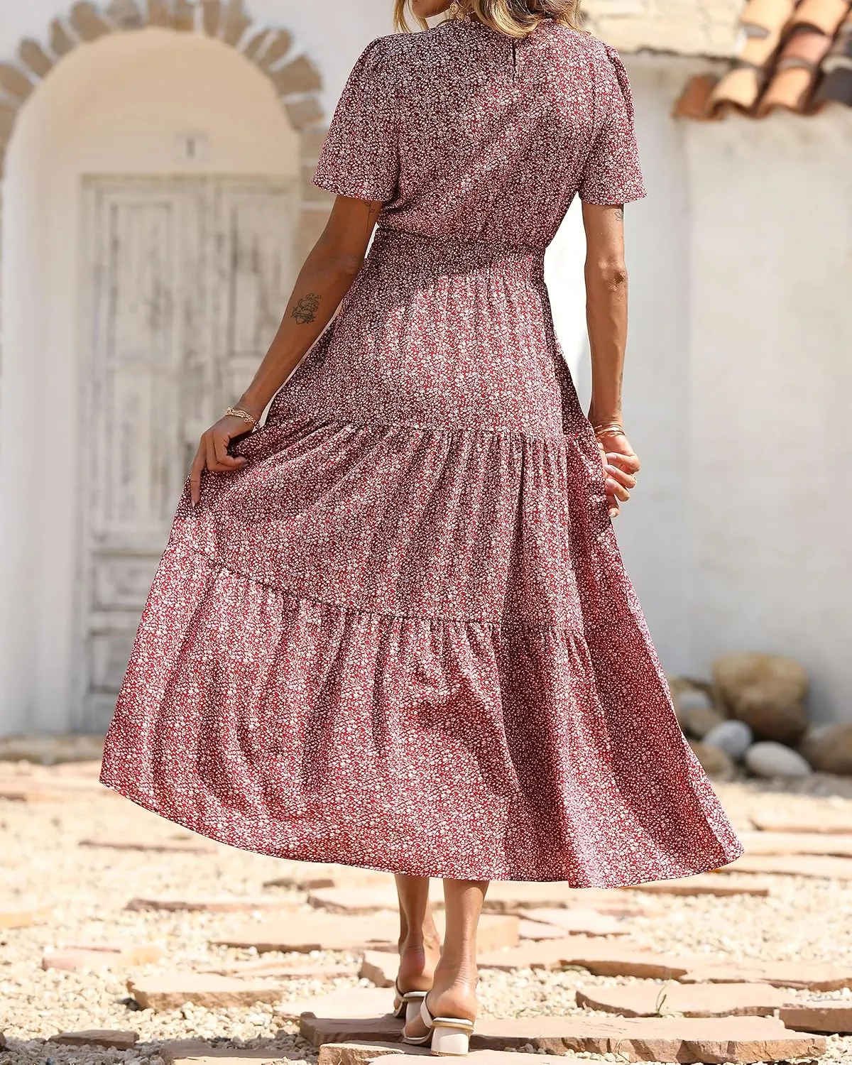 PRETTYGARDEN Women's Summer Casual Short Flutter Sleeve Round Neck Smocked Waist Tiered Boho Floral Flowy Maxi Dress
