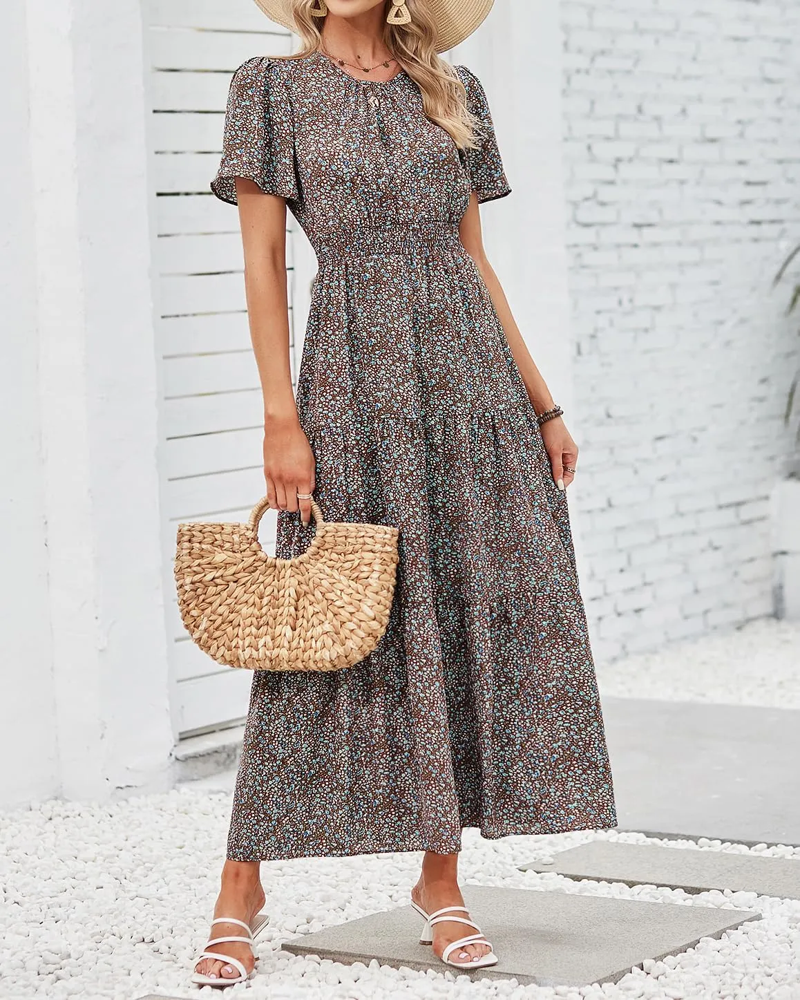 PRETTYGARDEN Women's Summer Casual Short Flutter Sleeve Round Neck Smocked Waist Tiered Boho Floral Flowy Maxi Dress