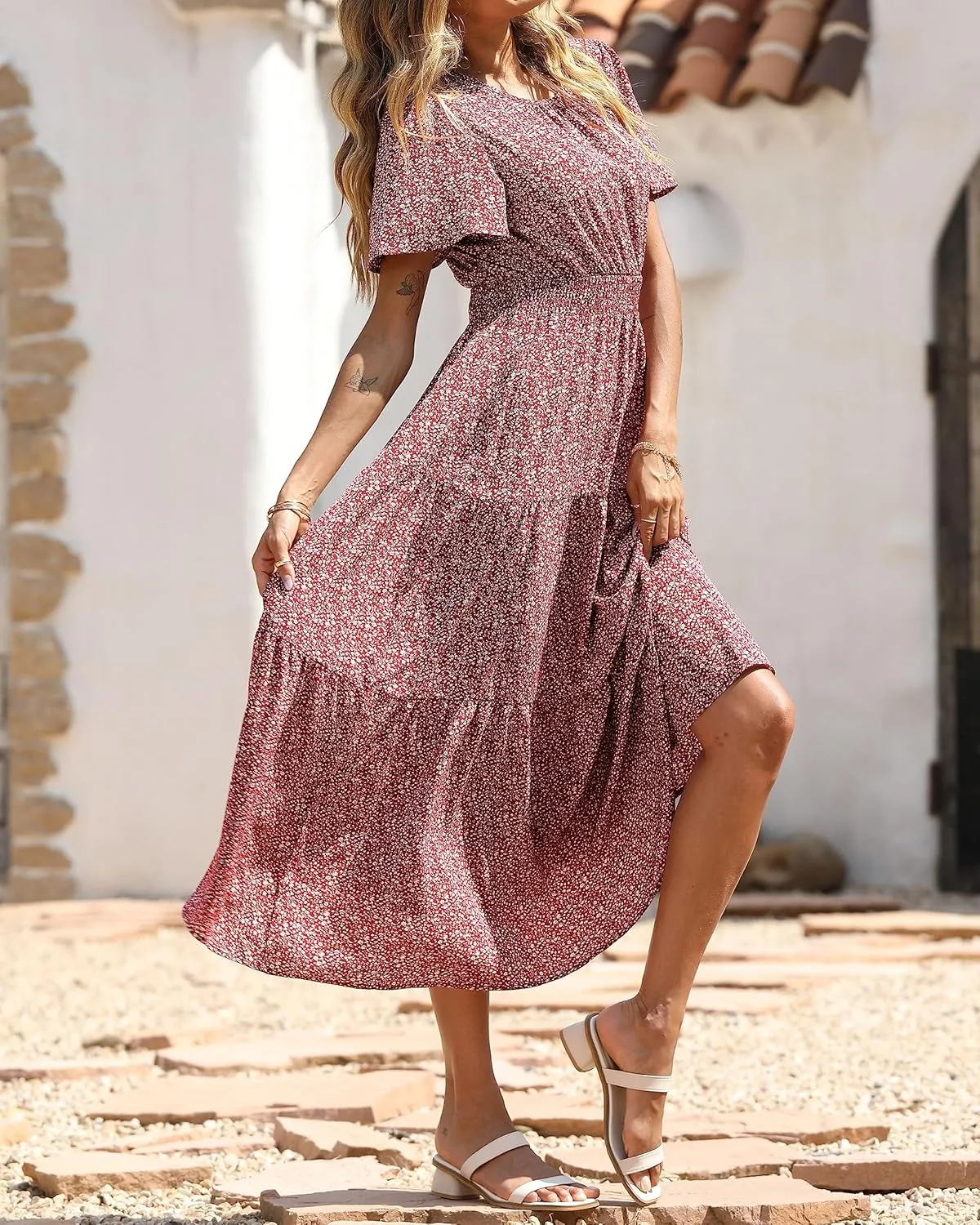 PRETTYGARDEN Women's Summer Casual Short Flutter Sleeve Round Neck Smocked Waist Tiered Boho Floral Flowy Maxi Dress