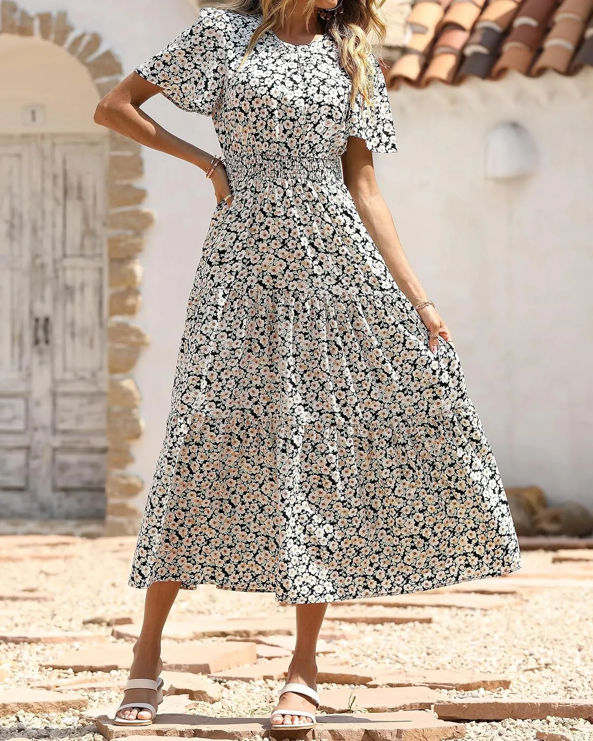 PRETTYGARDEN Women's Summer Casual Short Flutter Sleeve Round Neck Smocked Waist Tiered Boho Floral Flowy Maxi Dress