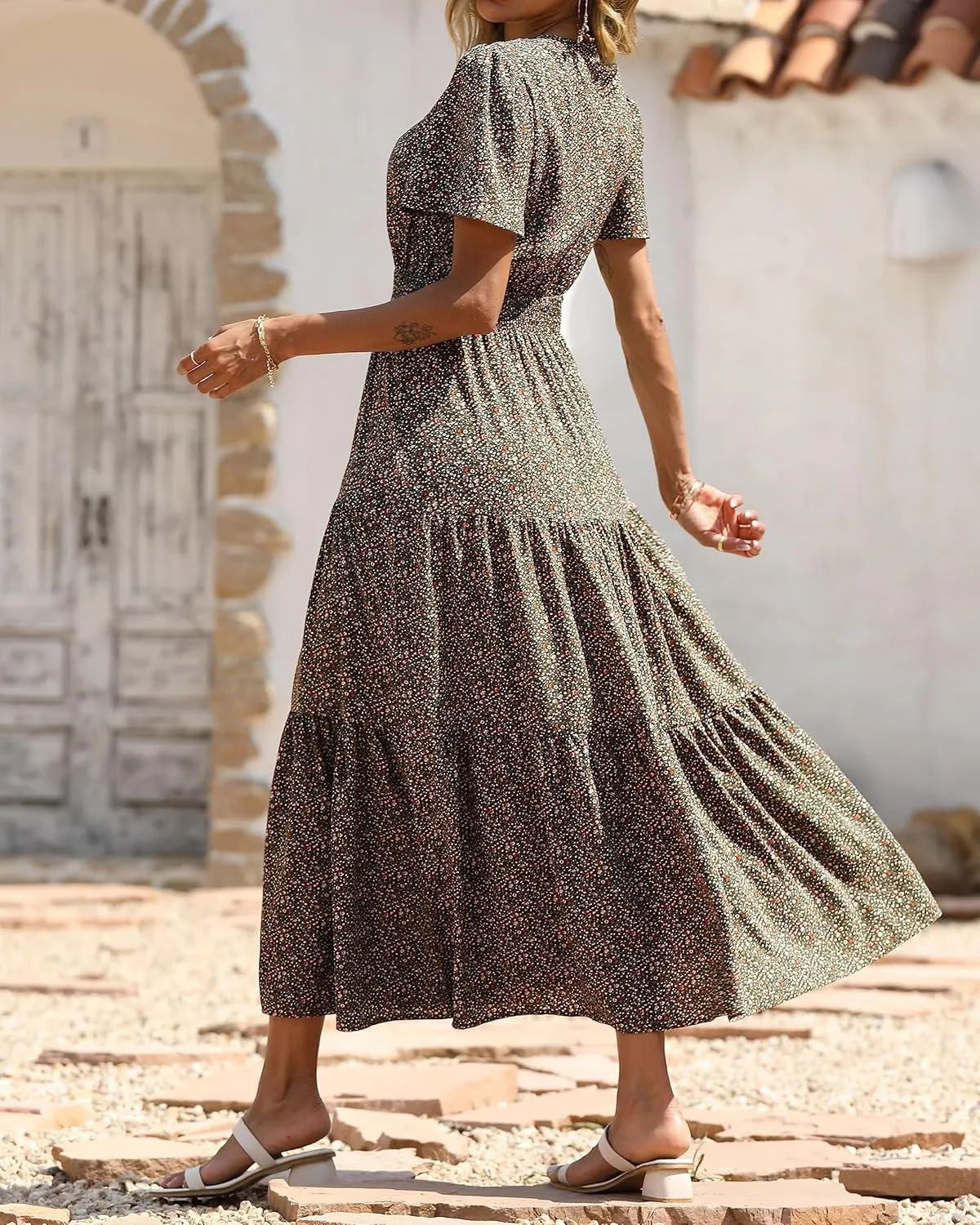 PRETTYGARDEN Women's Summer Casual Short Flutter Sleeve Round Neck Smocked Waist Tiered Boho Floral Flowy Maxi Dress