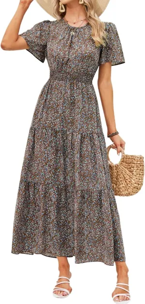 PRETTYGARDEN Women's Summer Casual Short Flutter Sleeve Round Neck Smocked Waist Tiered Boho Floral Flowy Maxi Dress