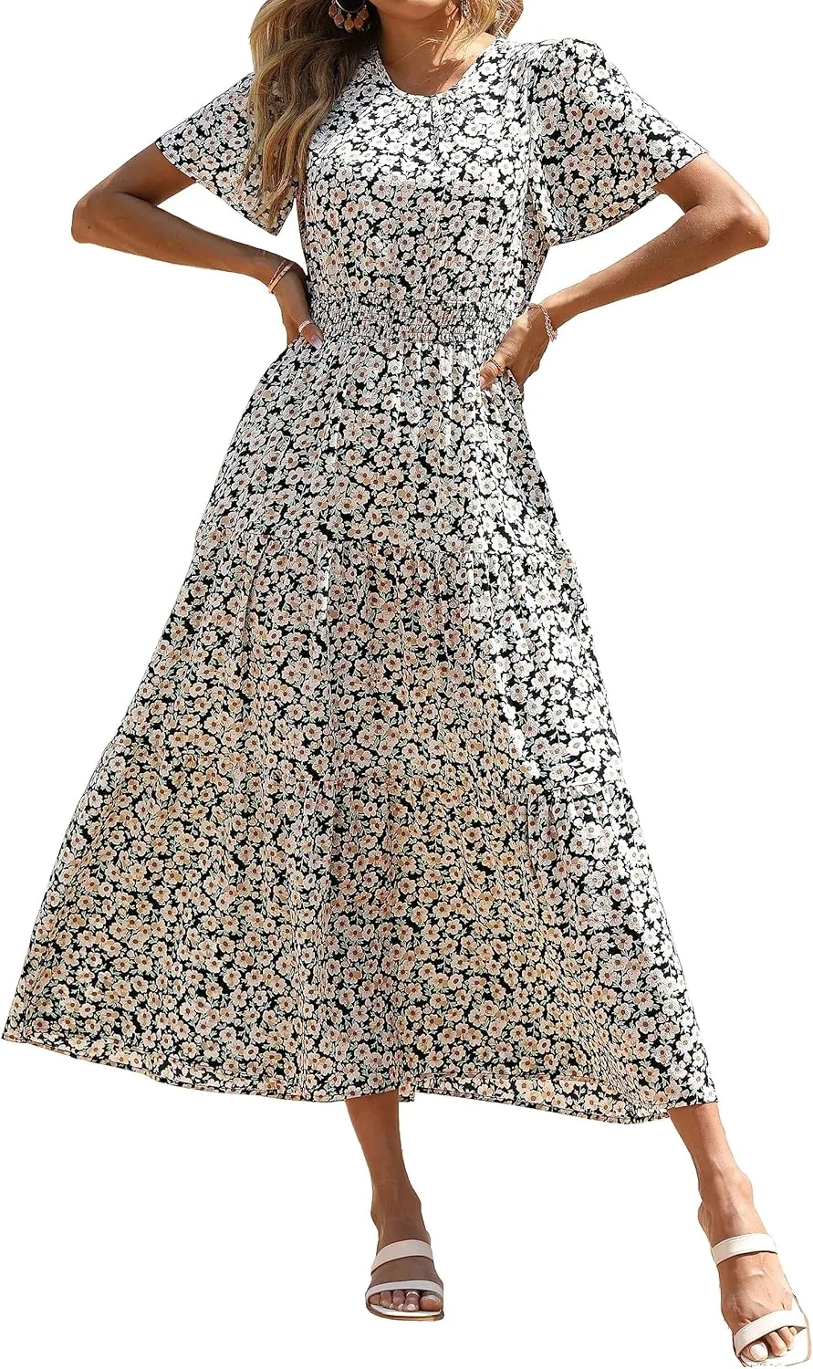 PRETTYGARDEN Women's Summer Casual Short Flutter Sleeve Round Neck Smocked Waist Tiered Boho Floral Flowy Maxi Dress