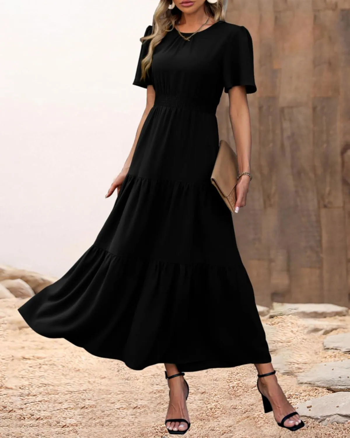 PRETTYGARDEN Women's Summer Casual Short Flutter Sleeve Round Neck Smocked Waist Tiered Boho Floral Flowy Maxi Dress