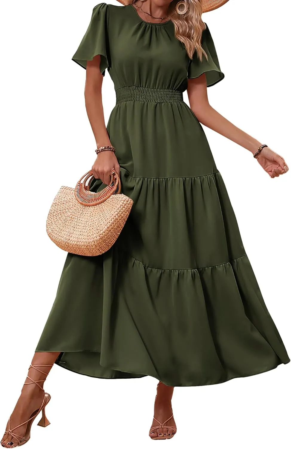 PRETTYGARDEN Women's Summer Casual Short Flutter Sleeve Round Neck Smocked Waist Tiered Boho Floral Flowy Maxi Dress