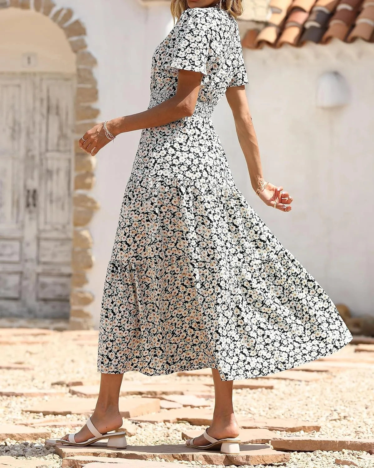 PRETTYGARDEN Women's Summer Casual Short Flutter Sleeve Round Neck Smocked Waist Tiered Boho Floral Flowy Maxi Dress