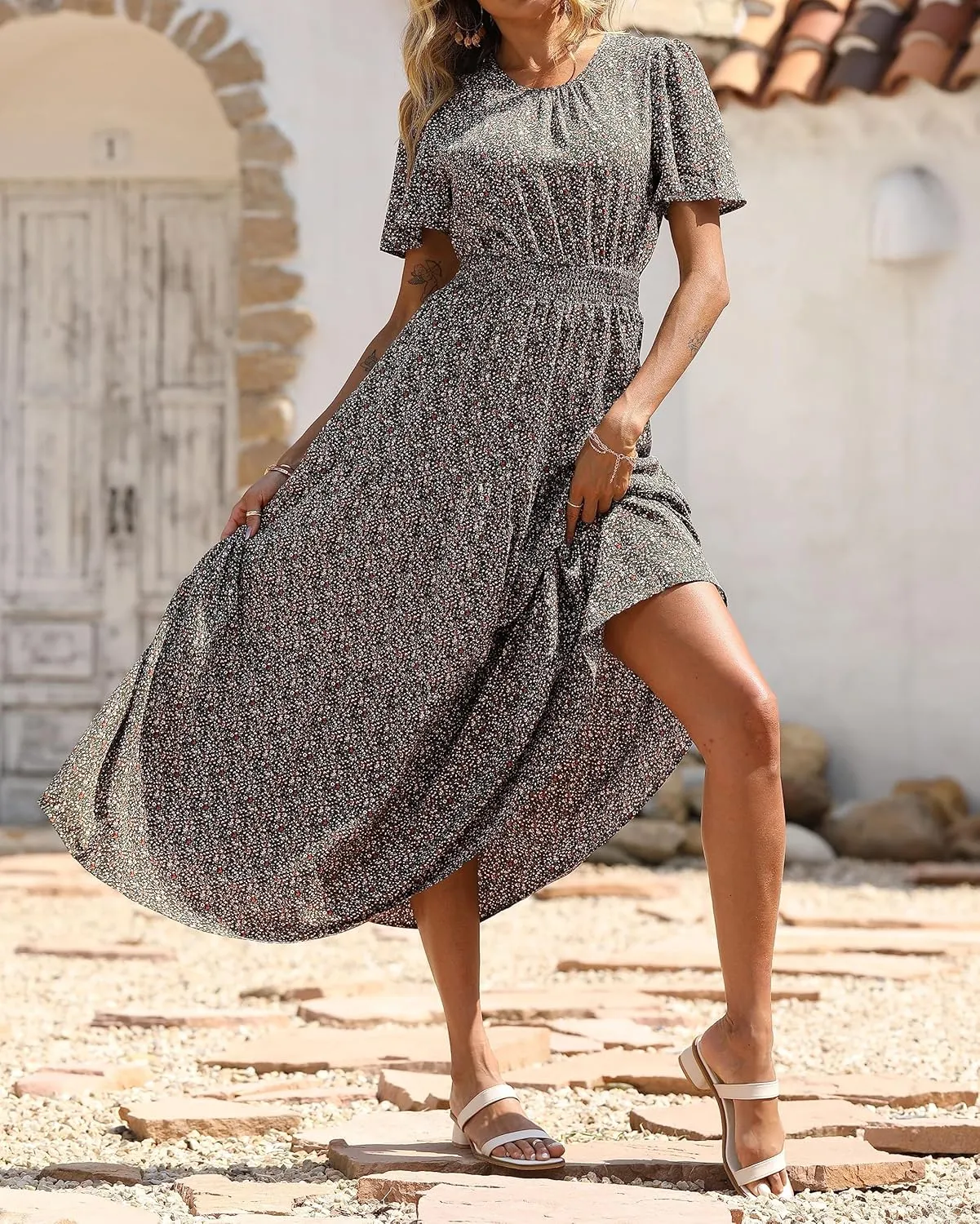 PRETTYGARDEN Women's Summer Casual Short Flutter Sleeve Round Neck Smocked Waist Tiered Boho Floral Flowy Maxi Dress