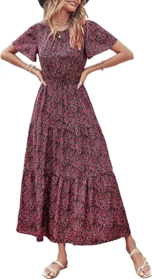 PRETTYGARDEN Women's Summer Casual Short Flutter Sleeve Round Neck Smocked Waist Tiered Boho Floral Flowy Maxi Dress