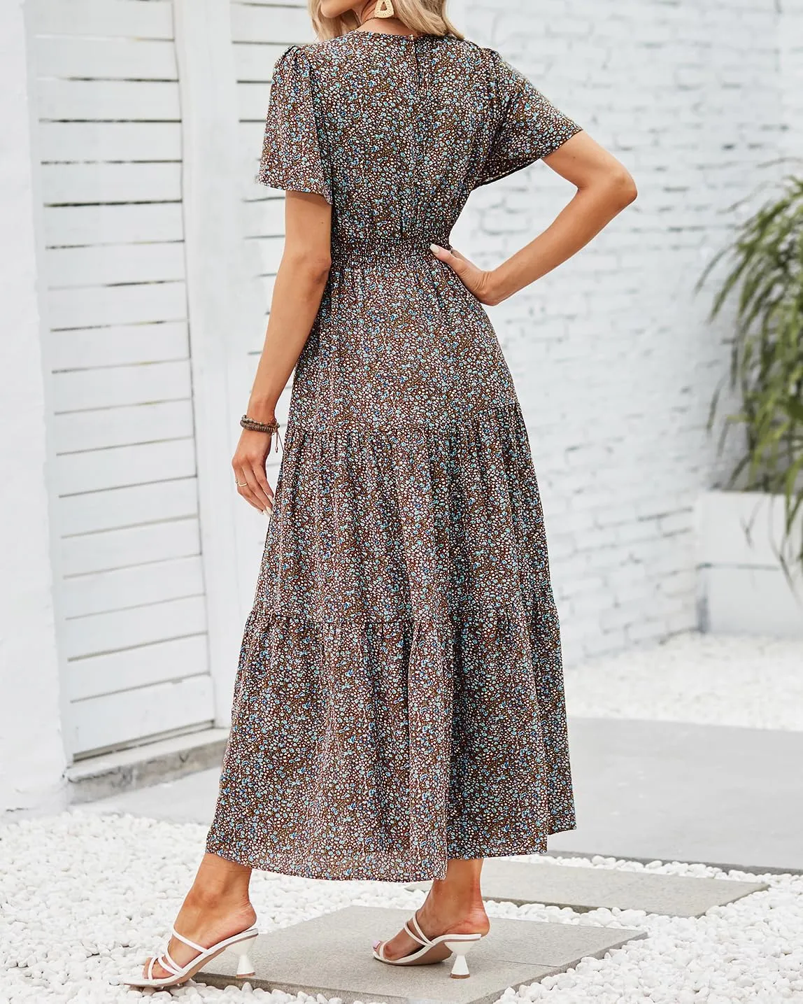 PRETTYGARDEN Women's Summer Casual Short Flutter Sleeve Round Neck Smocked Waist Tiered Boho Floral Flowy Maxi Dress