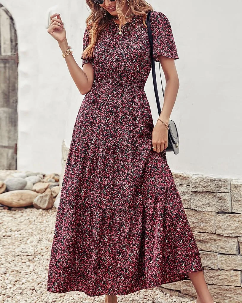 PRETTYGARDEN Women's Summer Casual Short Flutter Sleeve Round Neck Smocked Waist Tiered Boho Floral Flowy Maxi Dress