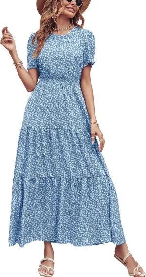 PRETTYGARDEN Women's Summer Casual Short Flutter Sleeve Round Neck Smocked Waist Tiered Boho Floral Flowy Maxi Dress