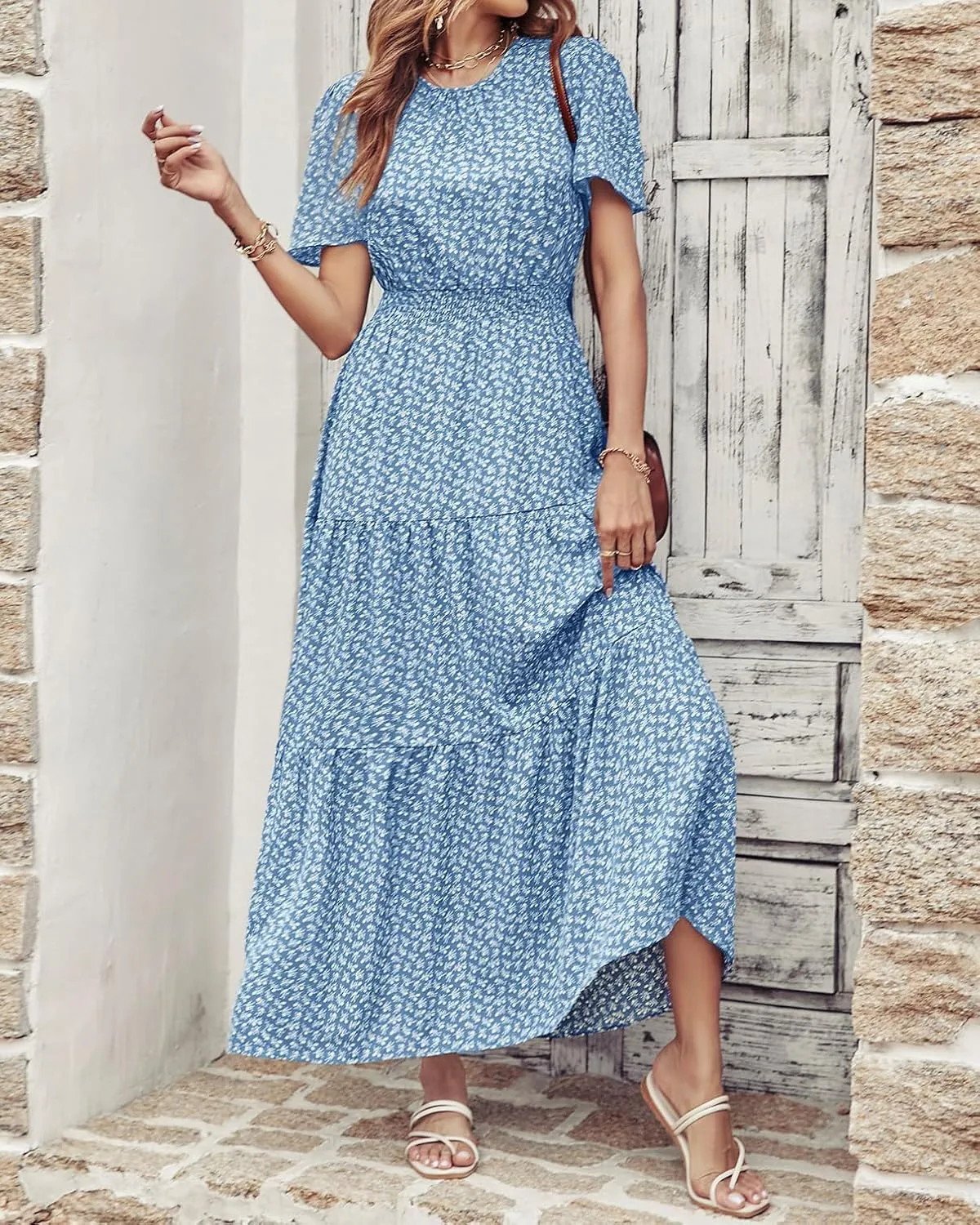 PRETTYGARDEN Women's Summer Casual Short Flutter Sleeve Round Neck Smocked Waist Tiered Boho Floral Flowy Maxi Dress