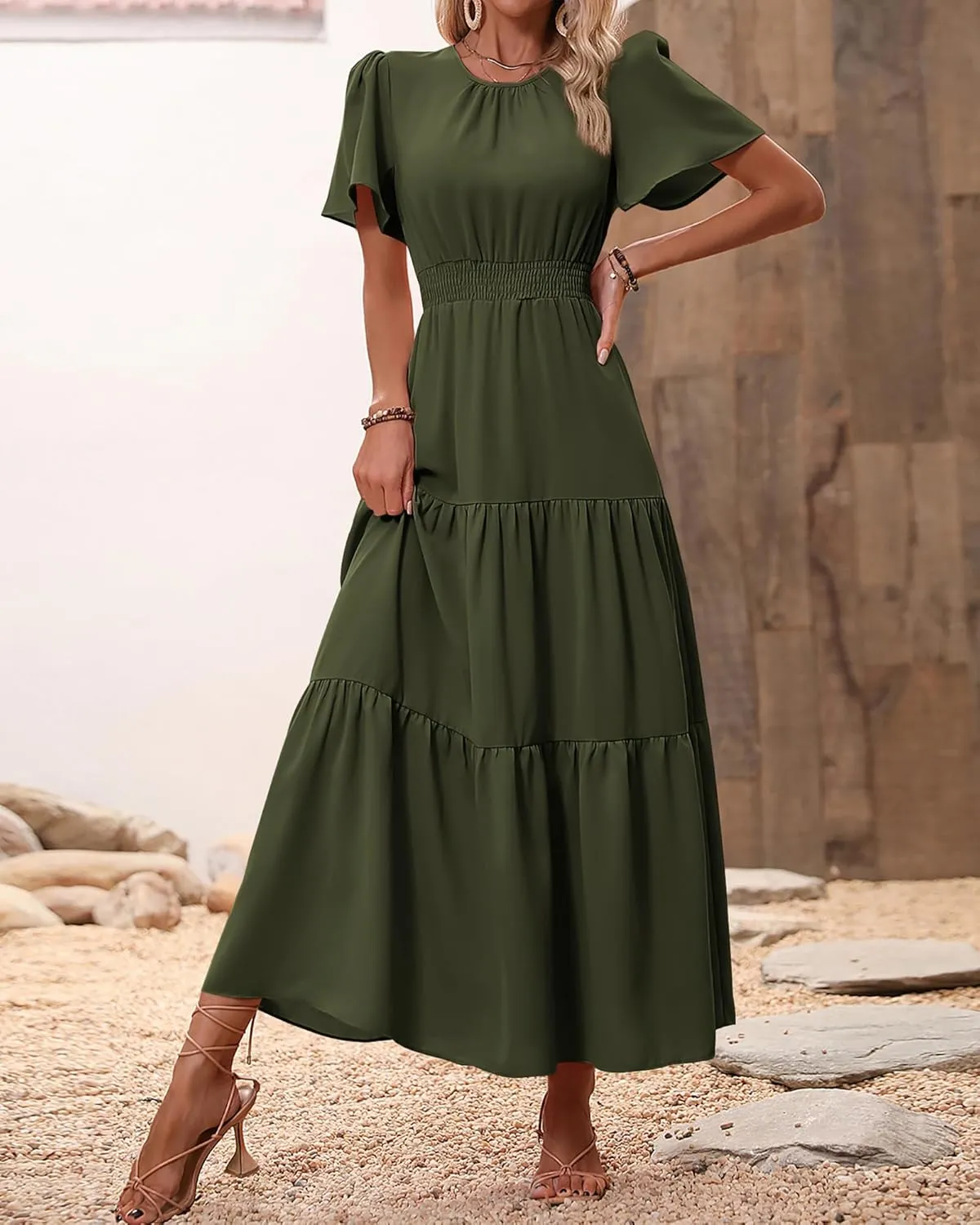 PRETTYGARDEN Women's Summer Casual Short Flutter Sleeve Round Neck Smocked Waist Tiered Boho Floral Flowy Maxi Dress