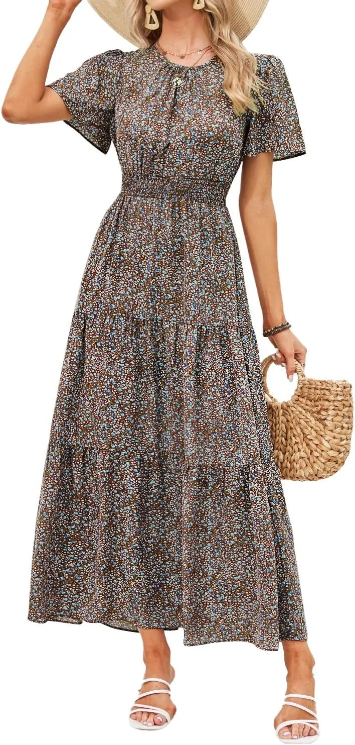 PRETTYGARDEN Women's Summer Casual Short Flutter Sleeve Round Neck Smocked Waist Tiered Boho Floral Flowy Maxi Dress