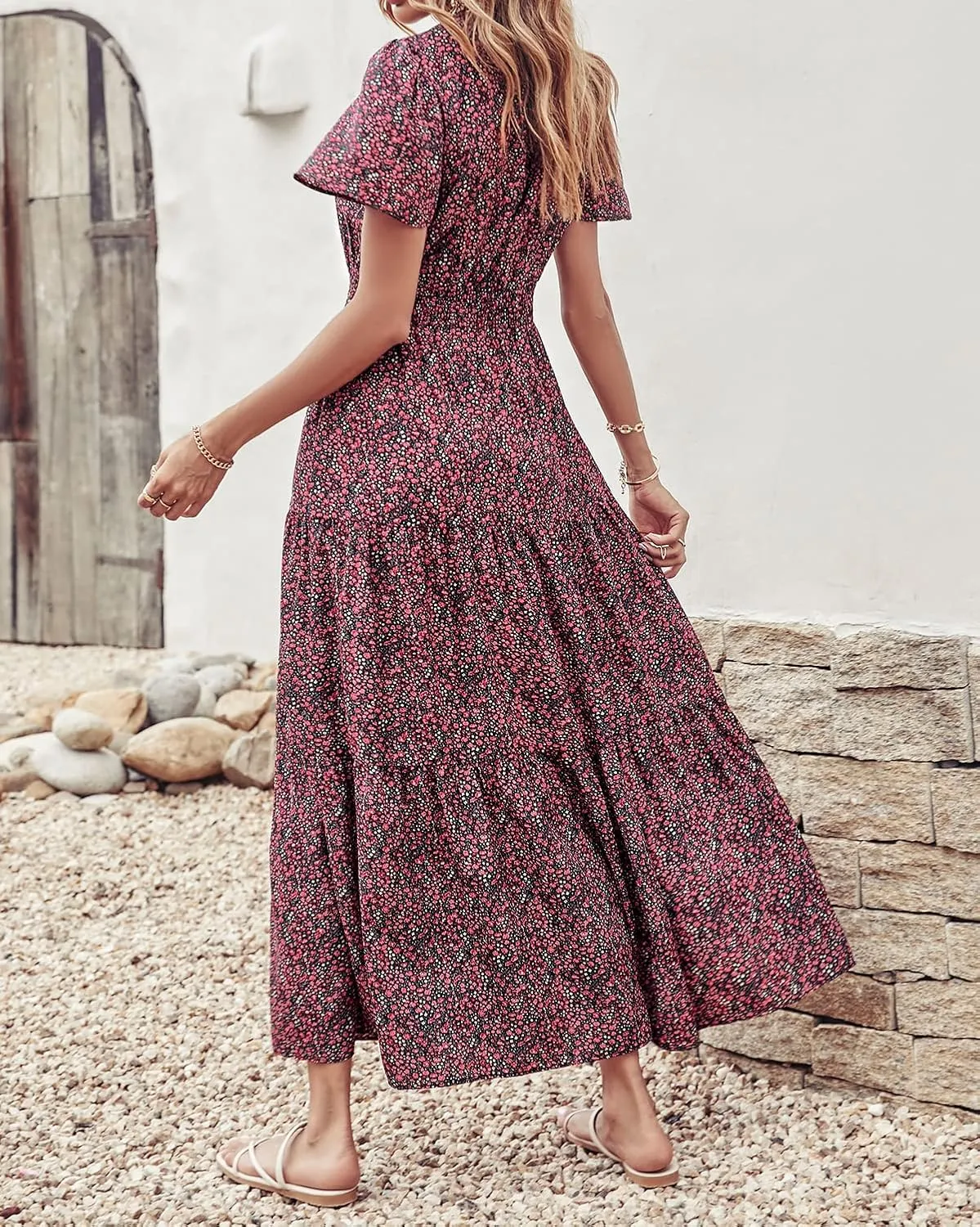 PRETTYGARDEN Women's Summer Casual Short Flutter Sleeve Round Neck Smocked Waist Tiered Boho Floral Flowy Maxi Dress