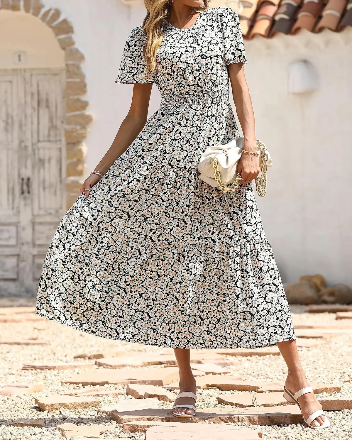 PRETTYGARDEN Women's Summer Casual Short Flutter Sleeve Round Neck Smocked Waist Tiered Boho Floral Flowy Maxi Dress
