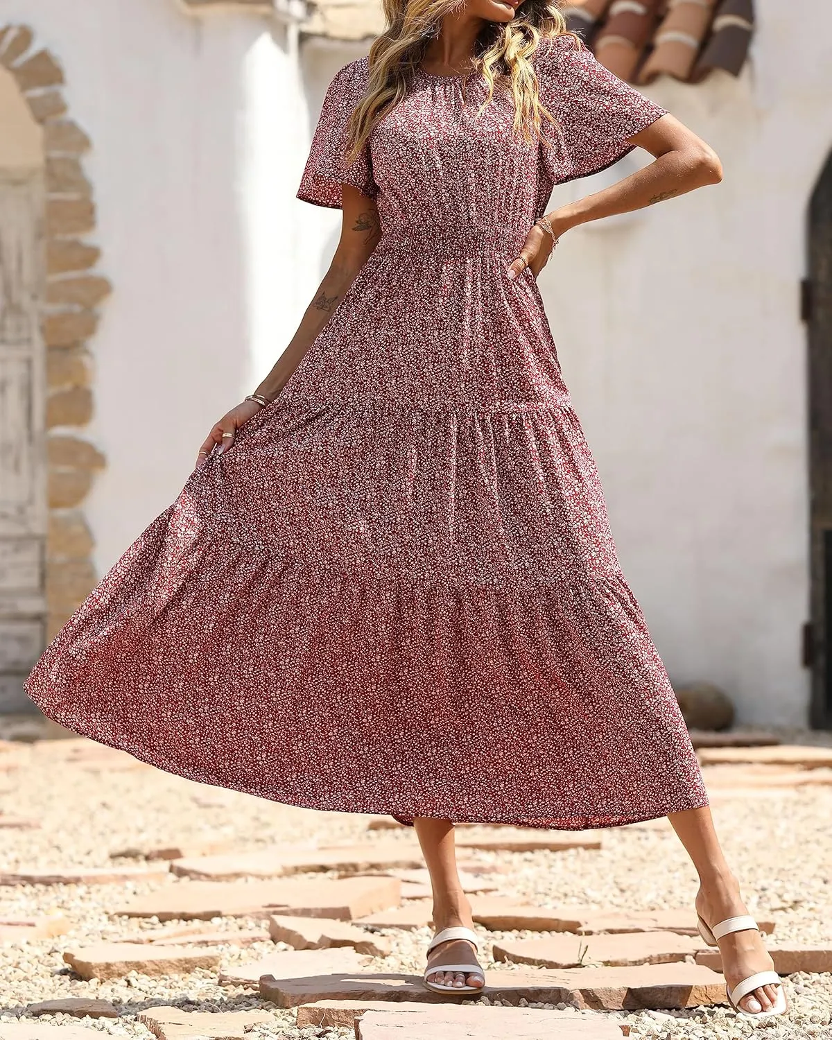 PRETTYGARDEN Women's Summer Casual Short Flutter Sleeve Round Neck Smocked Waist Tiered Boho Floral Flowy Maxi Dress