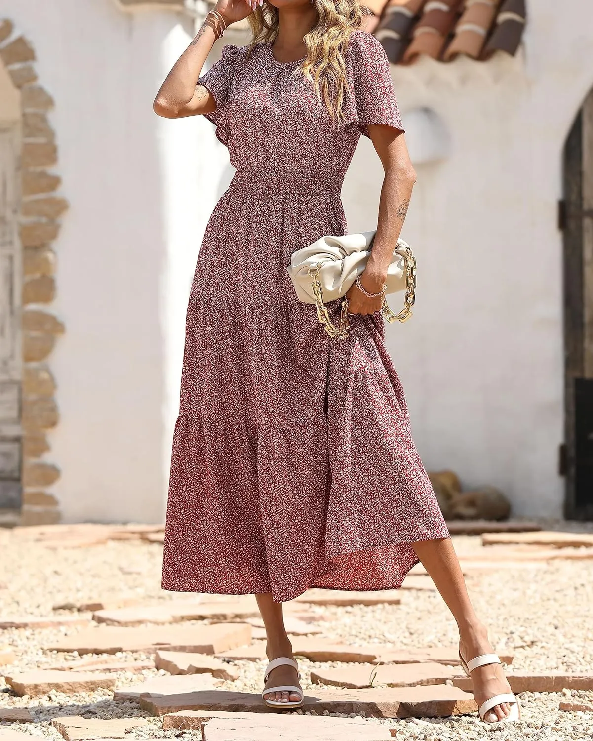 PRETTYGARDEN Women's Summer Casual Short Flutter Sleeve Round Neck Smocked Waist Tiered Boho Floral Flowy Maxi Dress