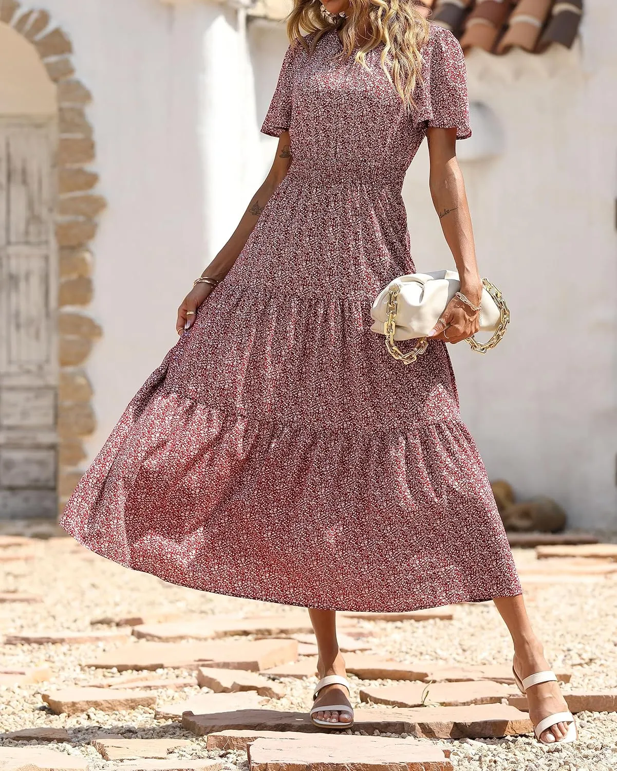 PRETTYGARDEN Women's Summer Casual Short Flutter Sleeve Round Neck Smocked Waist Tiered Boho Floral Flowy Maxi Dress